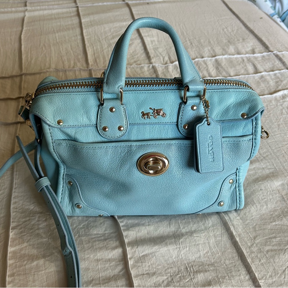 COACH Light Blue Pebbled Leather Satchel/Crossbody with Turnlock